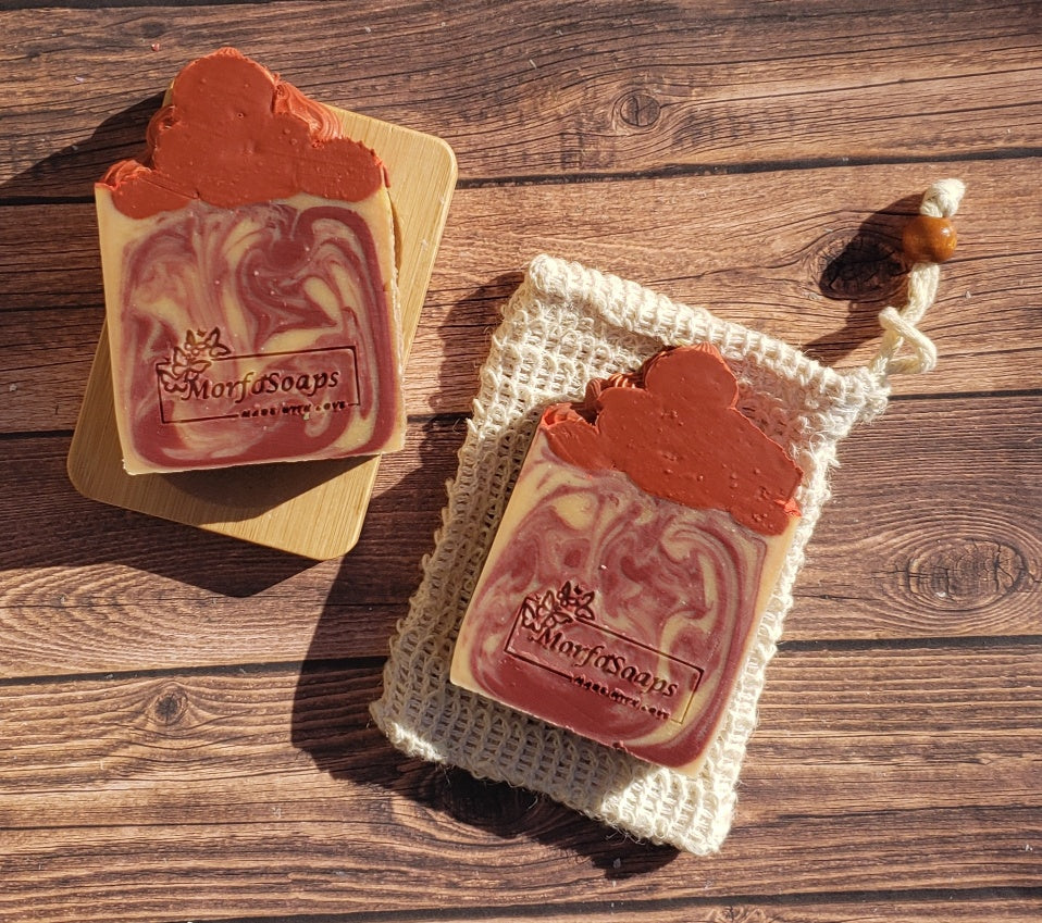 A bar of Morfosoaps Bay Leaf and Tobacco Soap showcasing its unique texture and earthy colors, perfect for a luxurious bathing experience.