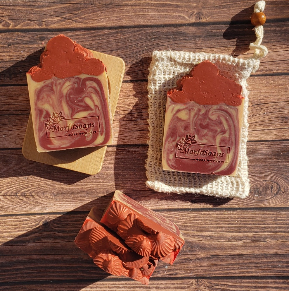 A bar of Morfosoaps Bay Leaf and Tobacco Soap showcasing its unique texture and earthy colors, perfect for a luxurious bathing experience.