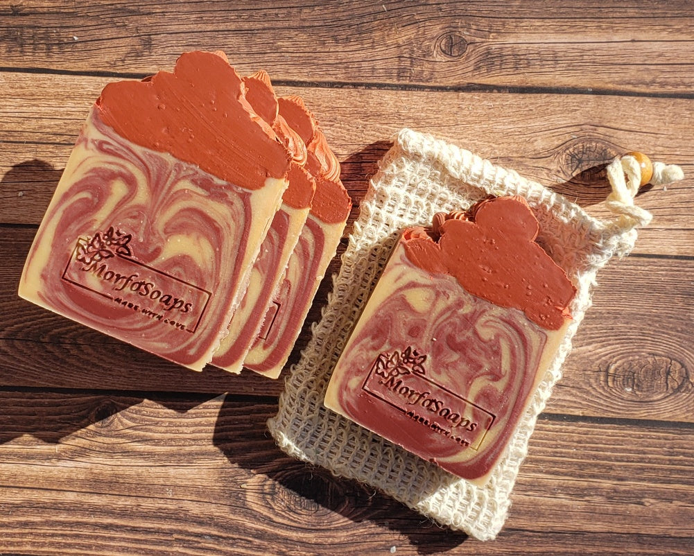 A bar of Morfosoaps Bay Leaf and Tobacco Soap showcasing its unique texture and earthy colors, perfect for a luxurious bathing experience.