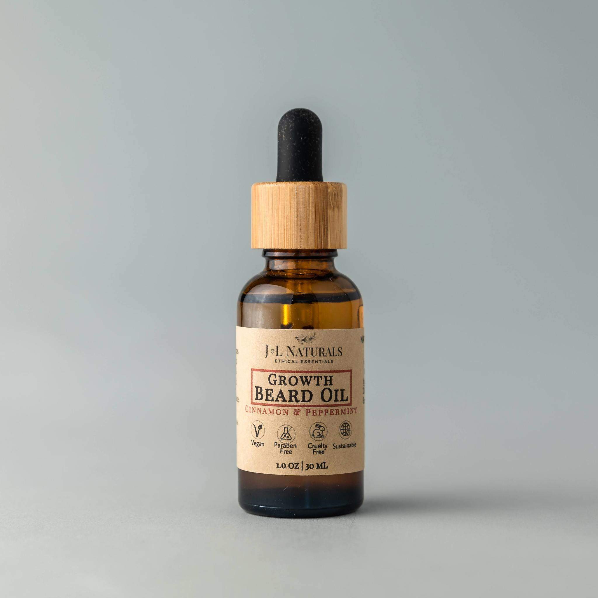 A bottle of Beard Oil with a dropper, showcasing its rich, golden liquid, set against a rustic wooden background.