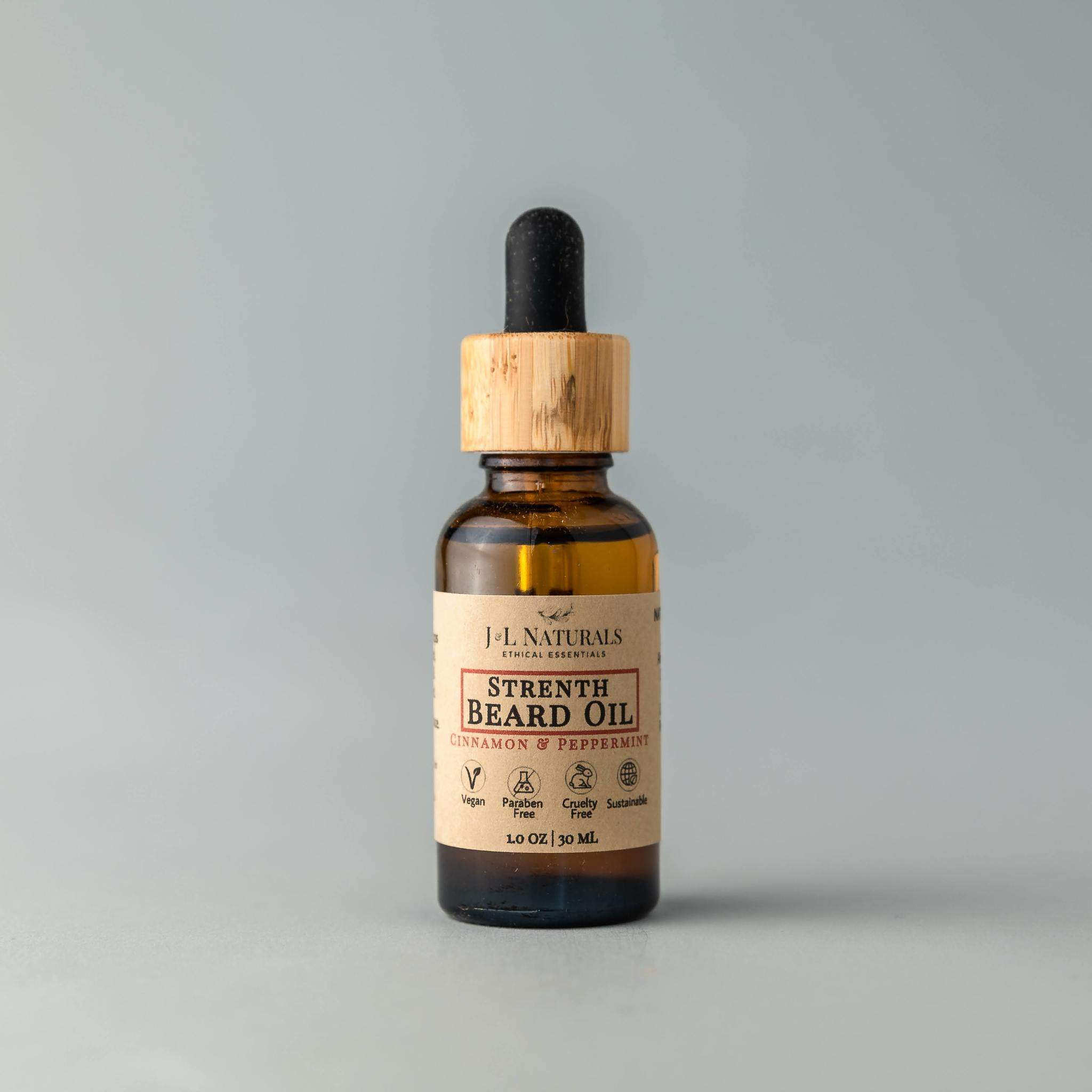 A bottle of Beard Oil with a dropper, showcasing its rich, golden liquid, set against a rustic wooden background.