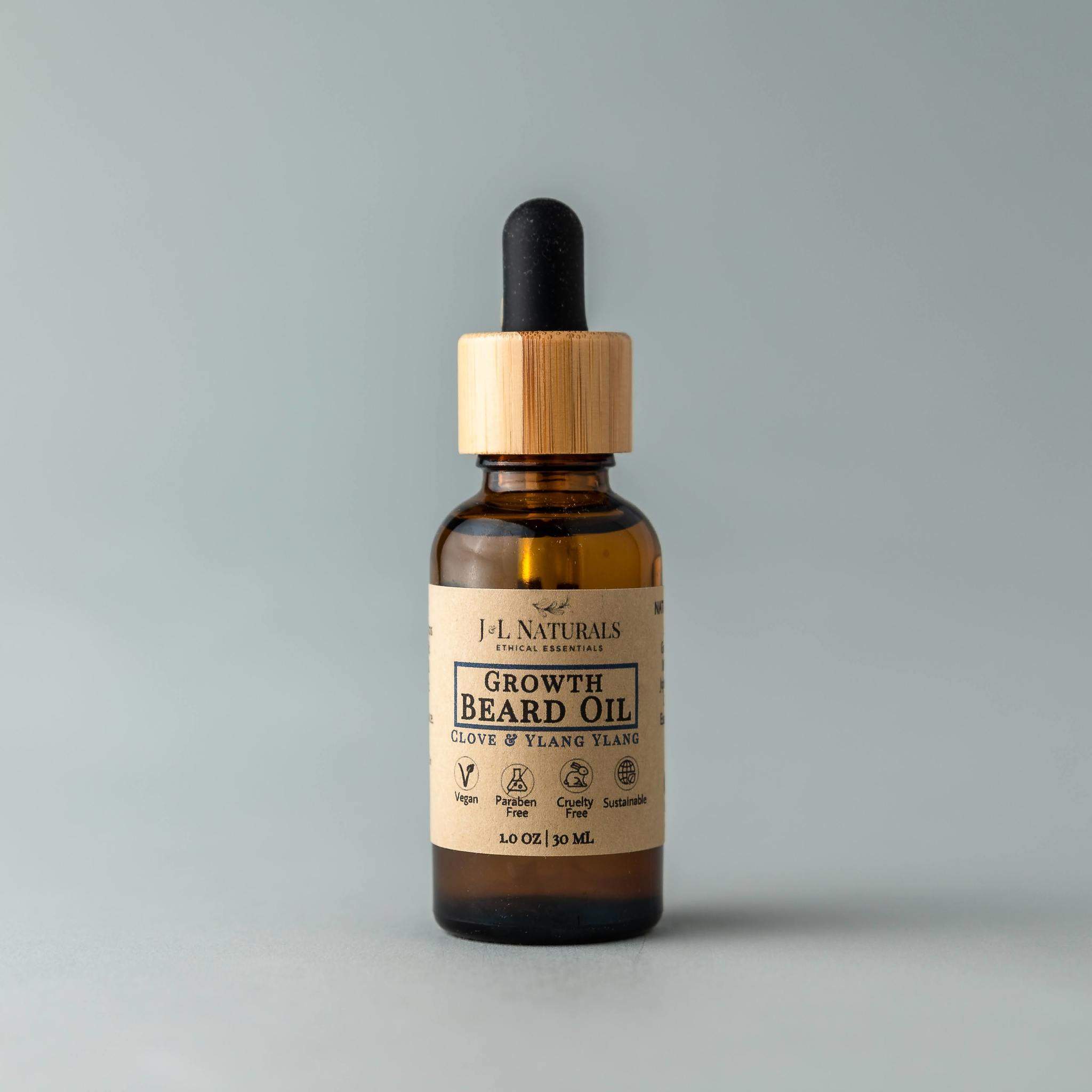 A bottle of Beard Oil with a dropper, showcasing its rich, golden liquid, set against a rustic wooden background.