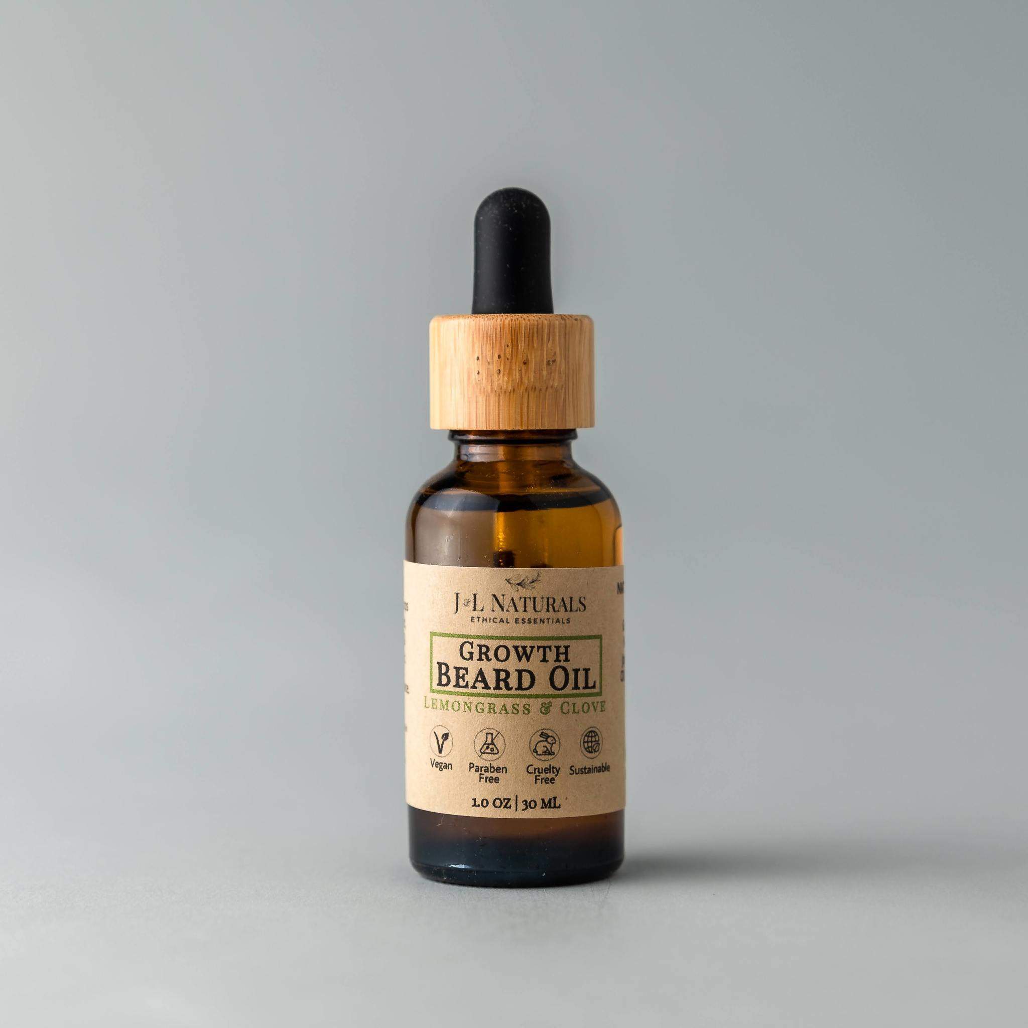 A bottle of Beard Oil with a dropper, showcasing its rich, golden liquid, set against a rustic wooden background.