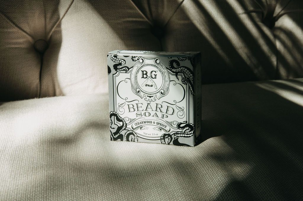 Luxurious Beard Soap with goats milk, coconut oil, and cocoa butter in a beautifully designed box.