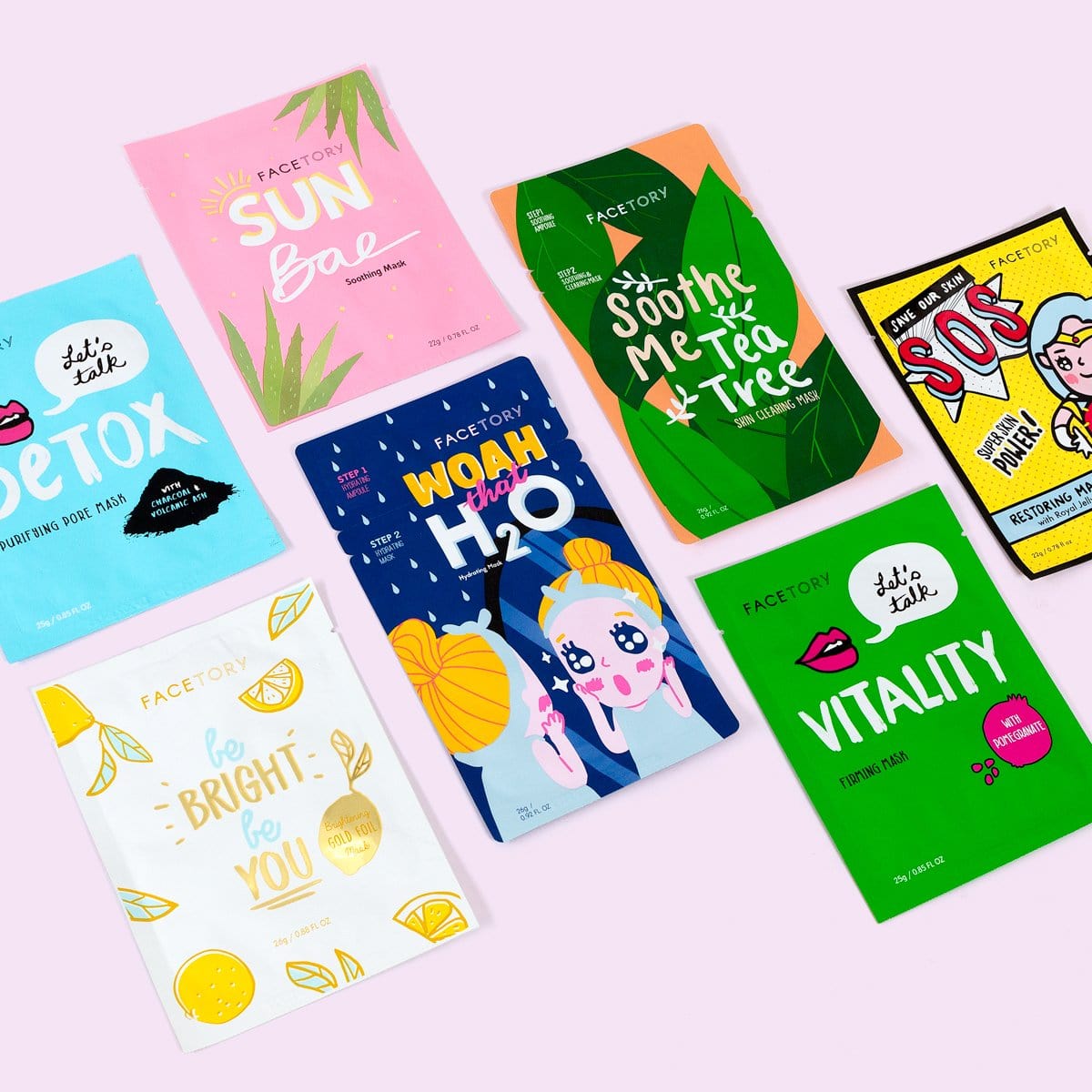 A beautifully arranged display of the Best of Seven Collection sheet masks, showcasing their vibrant packaging and variety.