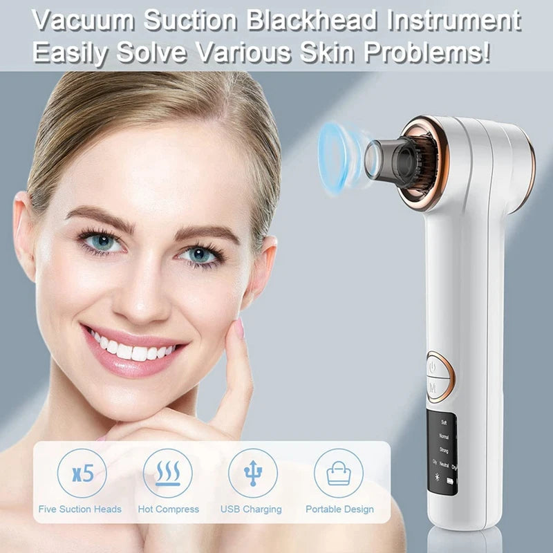 Blackhead Remover Pore Vacuum in gray and white with five suction heads and USB cable, designed for effective blackhead extraction.