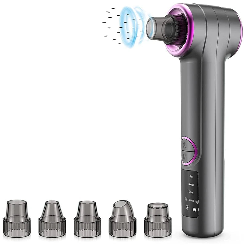 Blackhead Remover Pore Vacuum in gray and white with five suction heads and USB cable, designed for effective blackhead extraction.