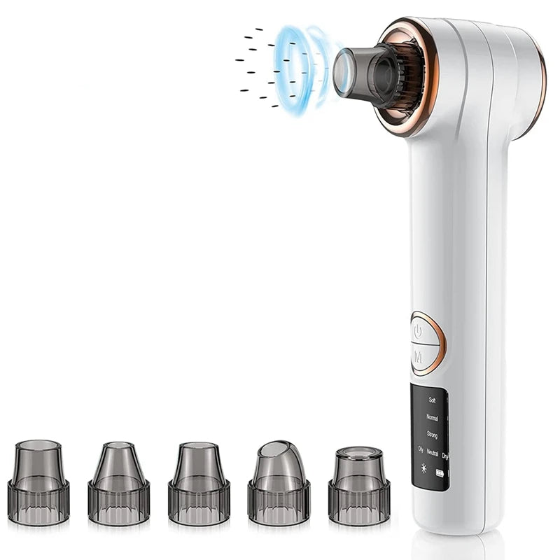 Blackhead Remover Pore Vacuum in gray and white with five suction heads and USB cable, designed for effective blackhead extraction.