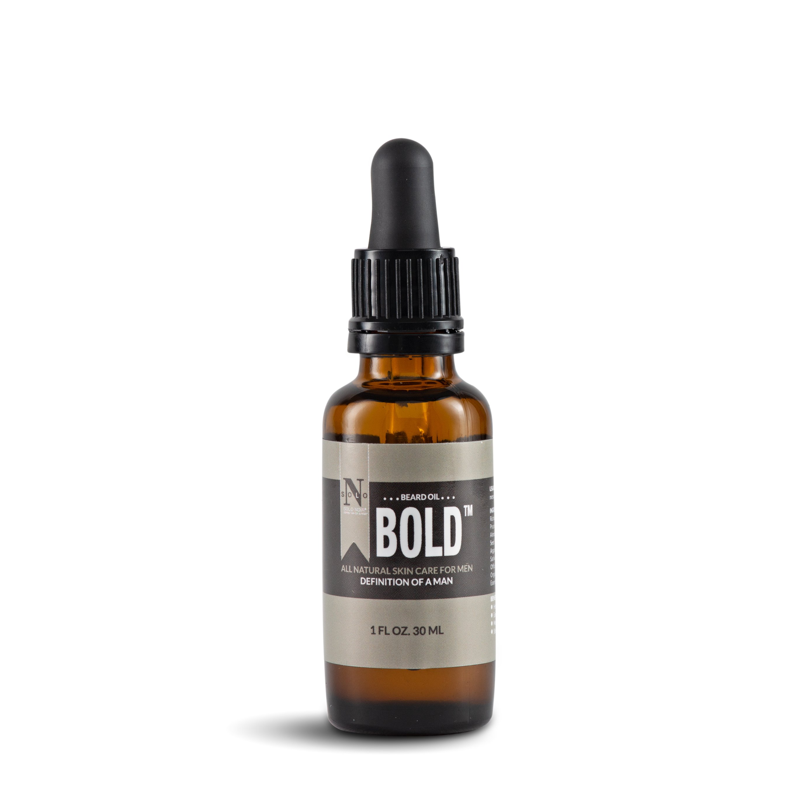 BOLD™ Preshave Oil + Beard Oil bottle with natural ingredients, showcasing its premium quality and benefits for facial hair.