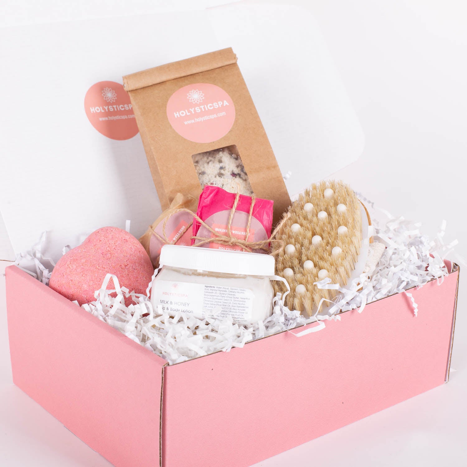 A beautifully arranged Bridal Box containing bath salts, lotion, body brush, and lotion bars, perfect for pampering the bride.