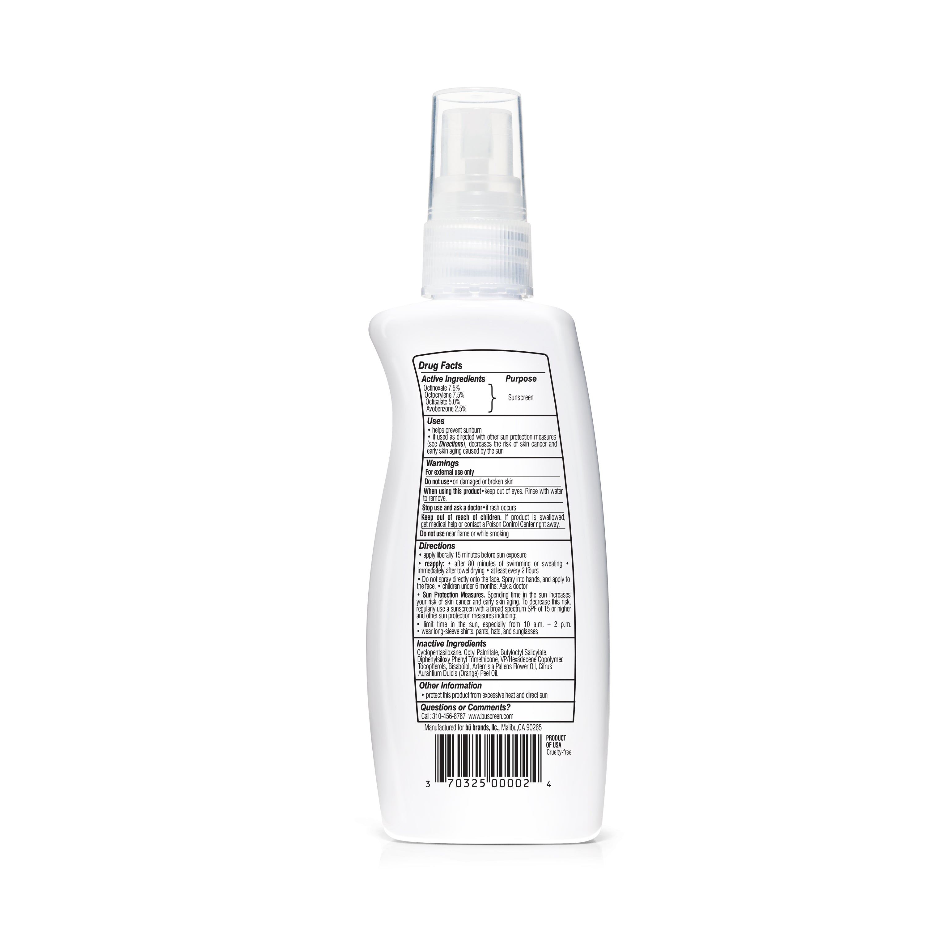 Bu SPF 30 Ultrafine WOWmist Sunscreen in a recyclable spray bottle with a natural citrus scent, ideal for sun protection.