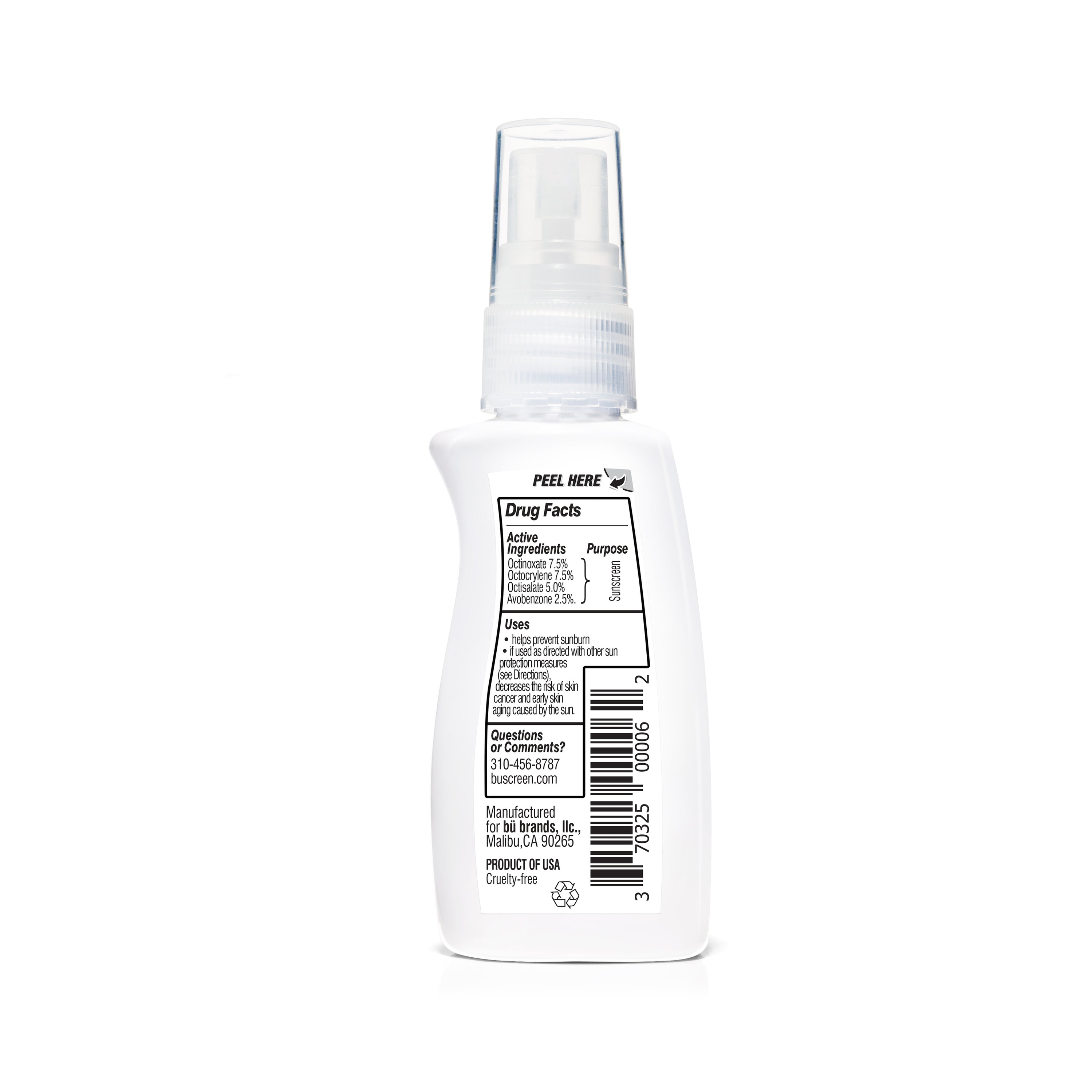 Bu SPF 30 Ultrafine WOWmist Sunscreen in a recyclable spray bottle with a natural citrus scent, ideal for sun protection.