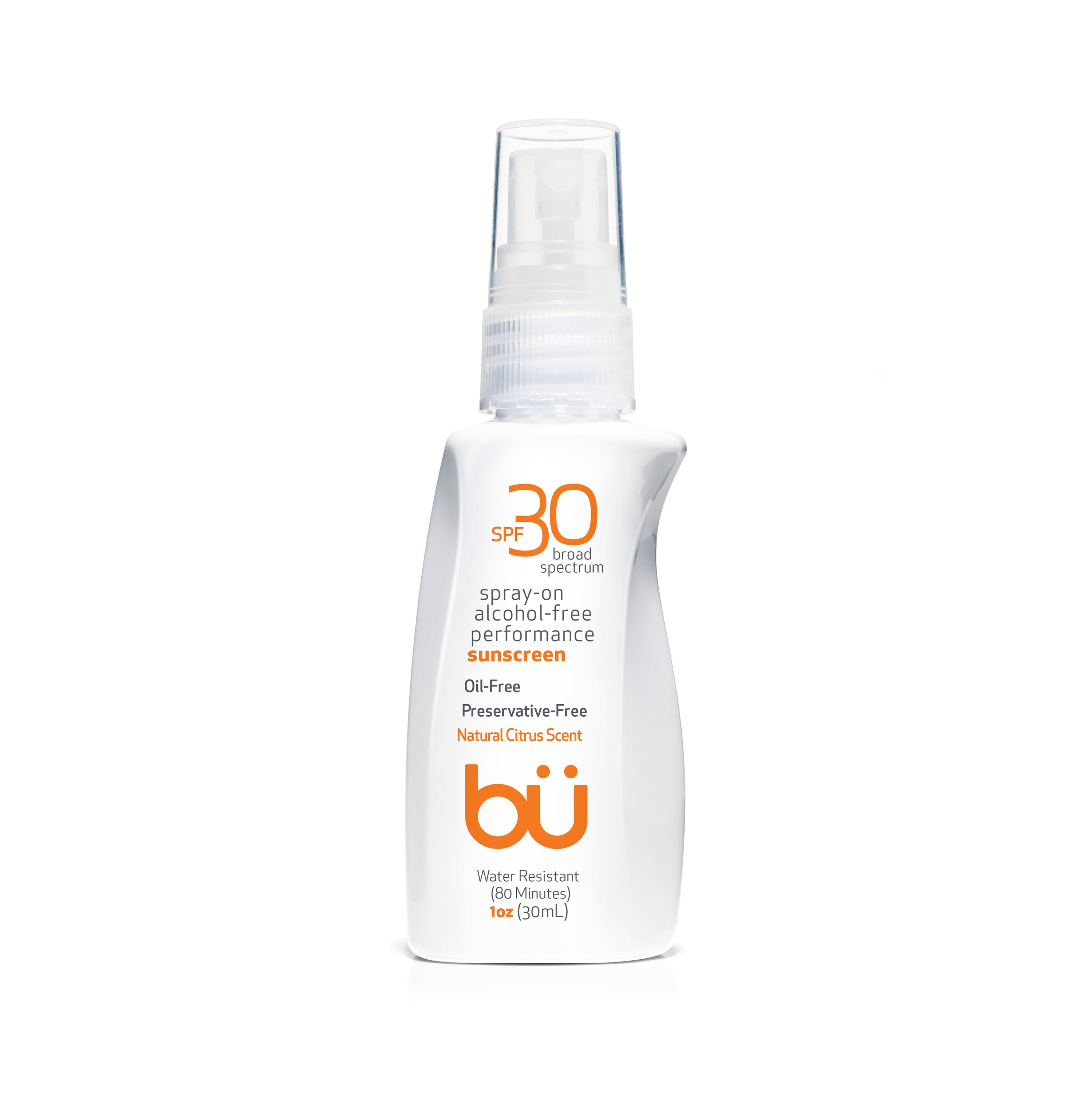 Bu SPF 30 Ultrafine WOWmist Sunscreen in a recyclable spray bottle with a natural citrus scent, ideal for sun protection.