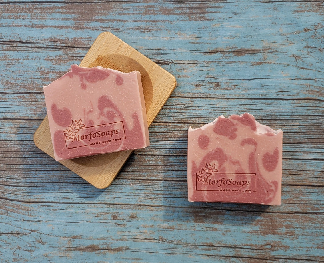 Handmade Calamine Soap bar with lavender and peppermint scent, featuring a unique artisanal design.