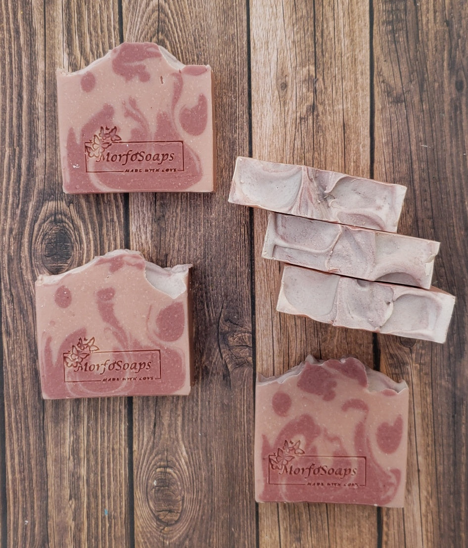 Handmade Calamine Soap bar with lavender and peppermint scent, featuring a unique artisanal design.