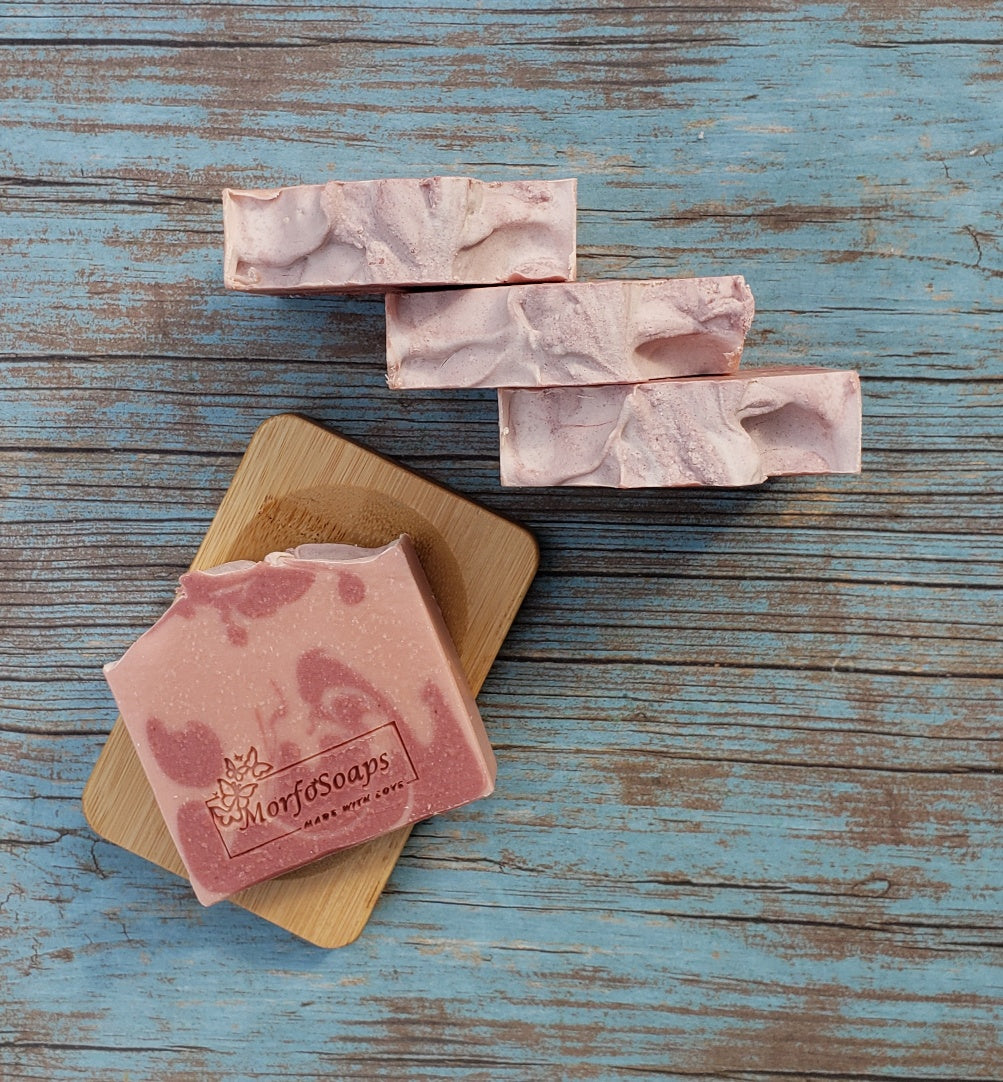 Handmade Calamine Soap bar with lavender and peppermint scent, featuring a unique artisanal design.