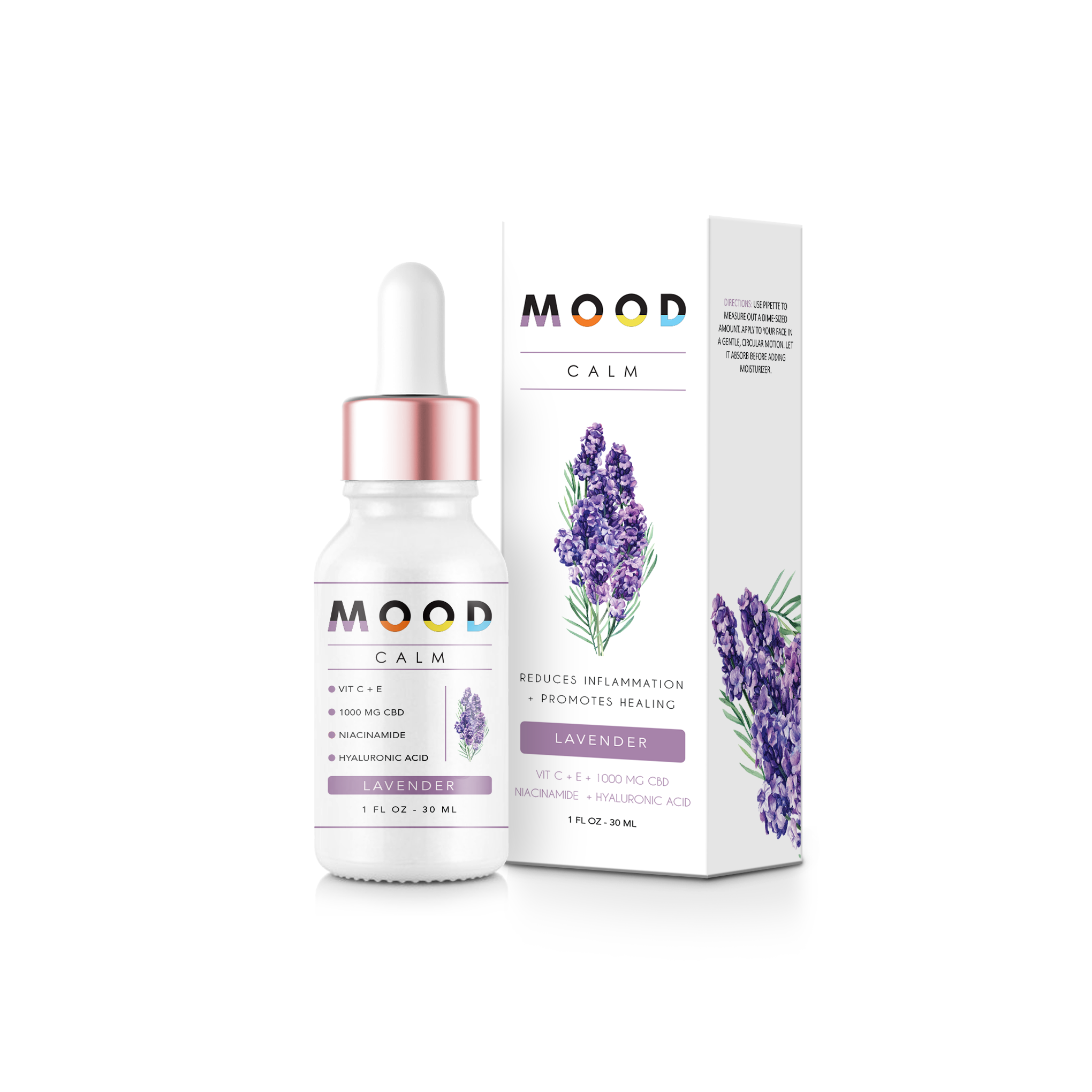 A bottle of CALM Face Serum featuring a sleek design, with a dropper cap, surrounded by lavender flowers and a calming background.