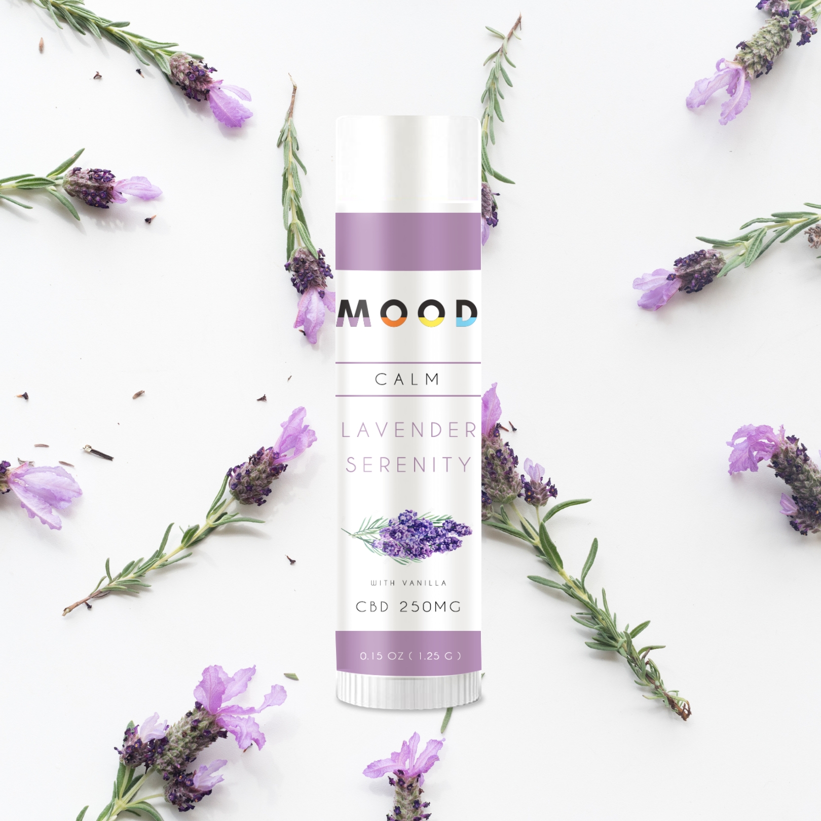 CALM Lip Balm tube with natural lavender and CBD ingredients, designed for soothing and healing lips.