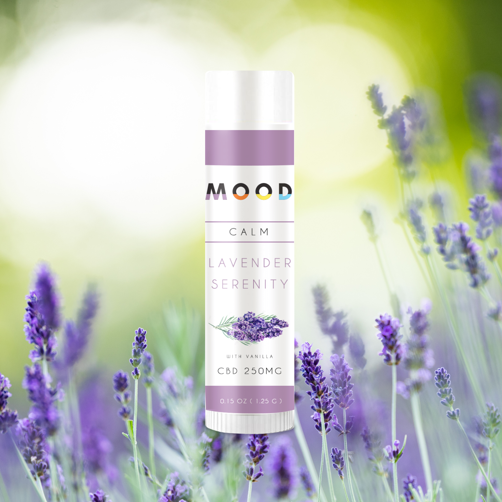 CALM Lip Balm tube with natural lavender and CBD ingredients, designed for soothing and healing lips.