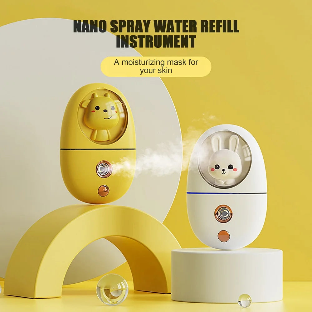 Cartoon 35ML Mini Facial Humidifier in a stylish design, showcasing its compact size and mist spray feature.