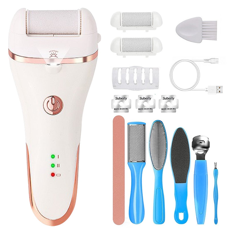 Charged Electric Foot File with ergonomic design and three quartz grinding heads for effective pedicure.