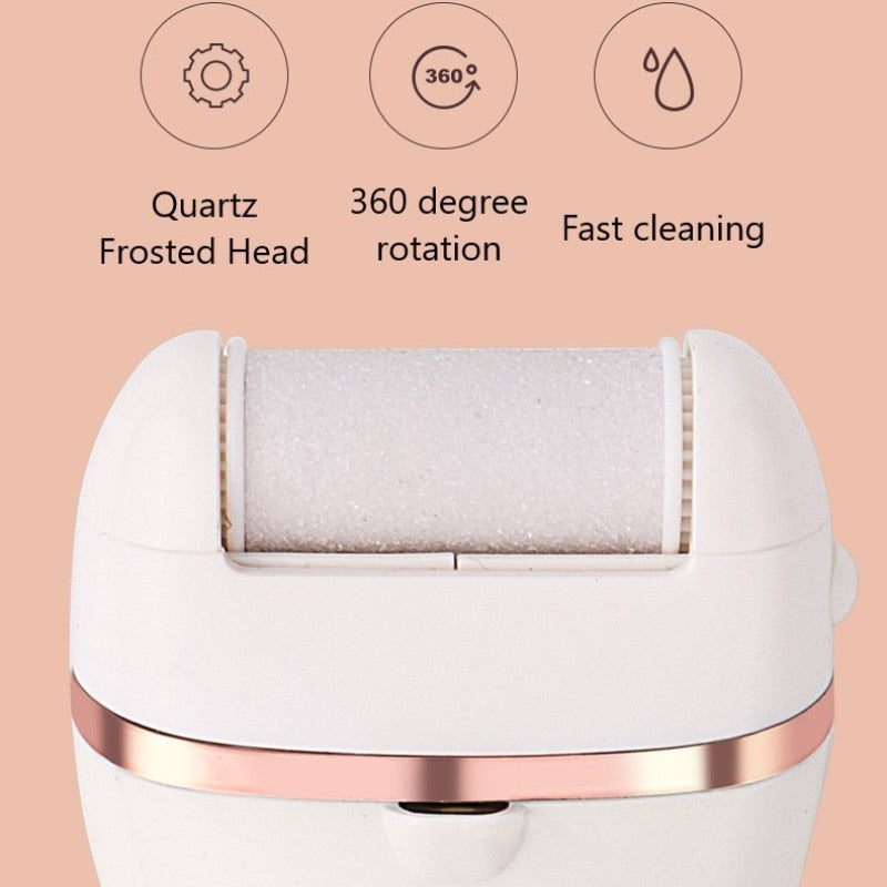 Charged Electric Foot File with ergonomic design and three quartz grinding heads for effective pedicure.