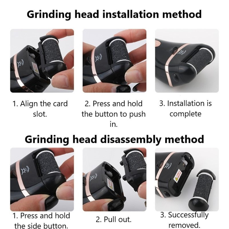 Charged Electric Foot File with ergonomic design and three quartz grinding heads for effective pedicure.