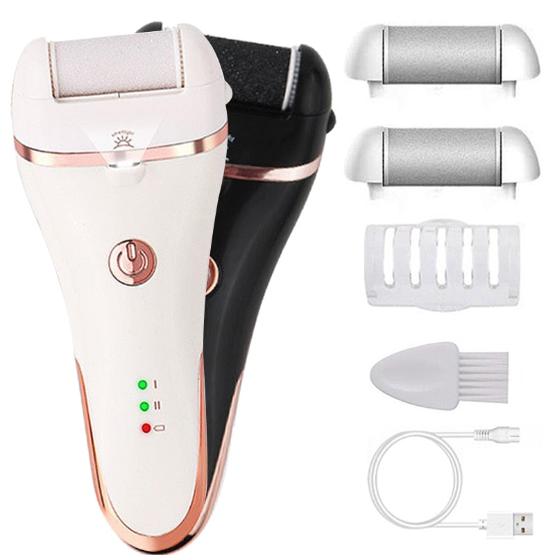 Charged Electric Foot File with ergonomic design and three quartz grinding heads for effective heel care.