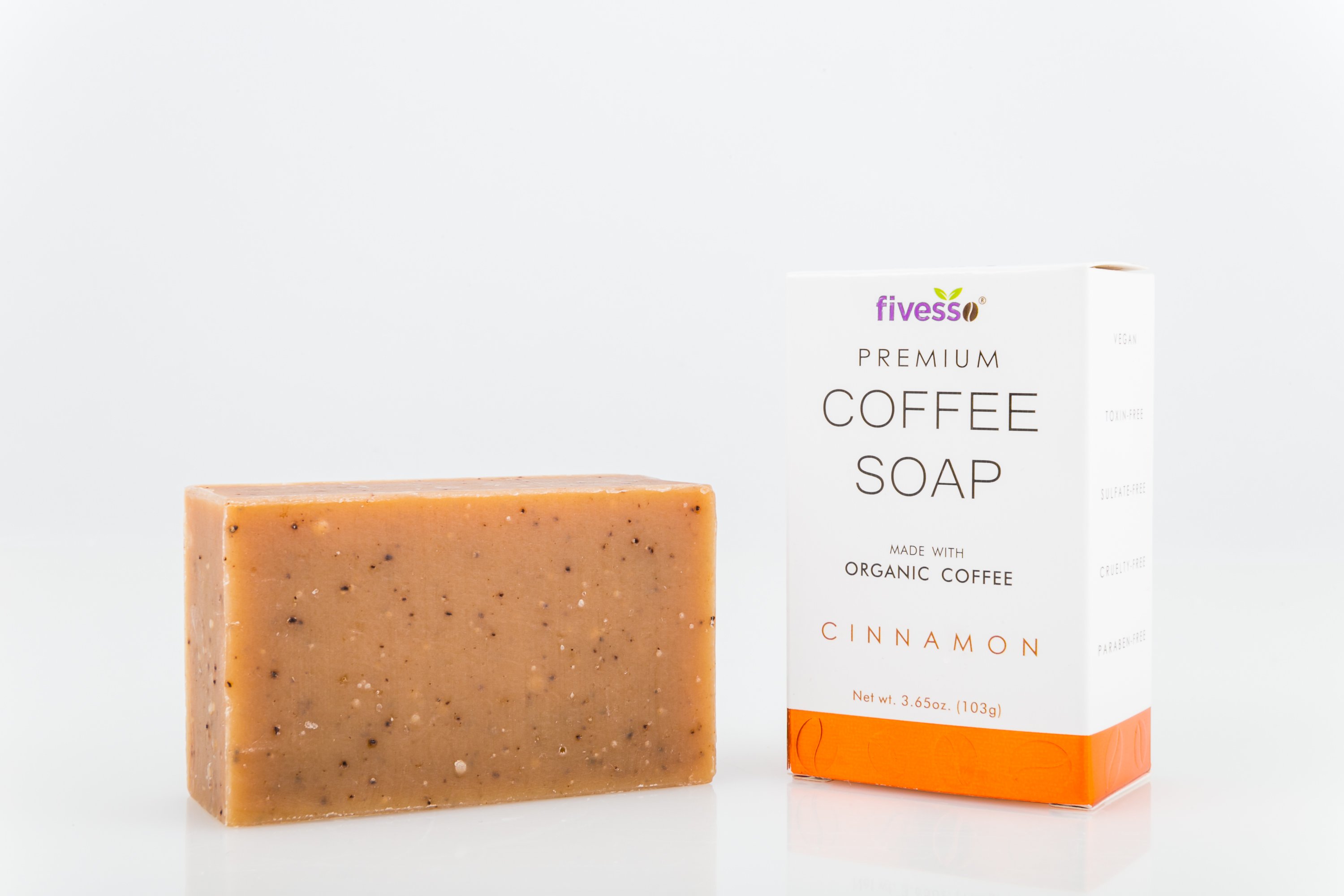 Fivesso Cinnamon Premium Coffee Soap Bar with organic coffee grounds and essential oils, showcasing its natural ingredients and handcrafted quality.