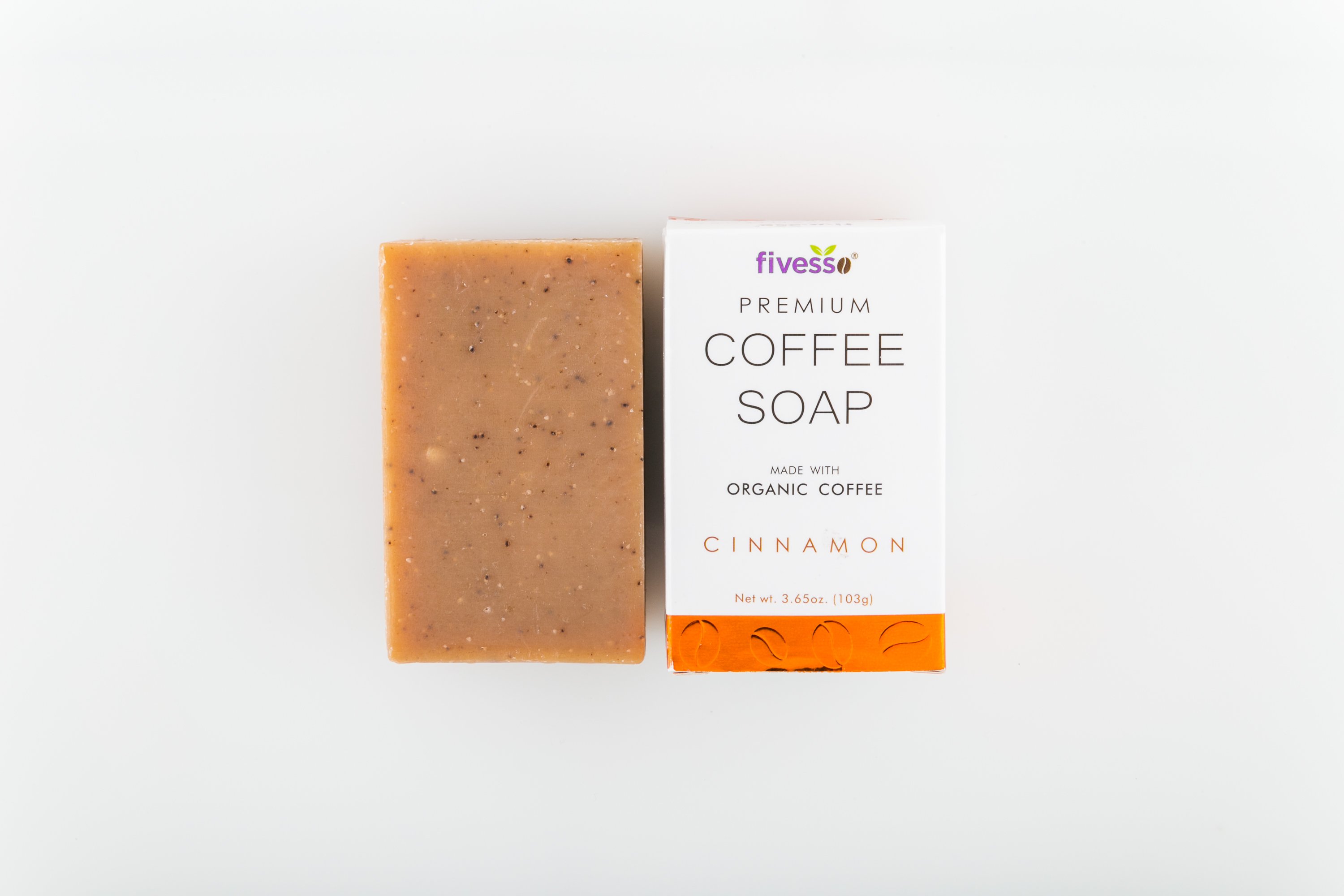 Fivesso Cinnamon Premium Coffee Soap Bar with organic coffee grounds and essential oils, showcasing its natural ingredients and handcrafted quality.