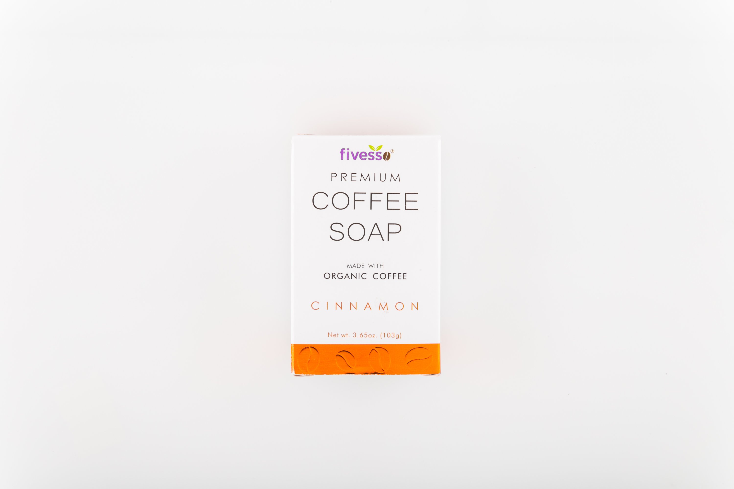 Fivesso Cinnamon Premium Coffee Soap Bar with organic coffee grounds and essential oils, showcasing its natural ingredients and handcrafted quality.