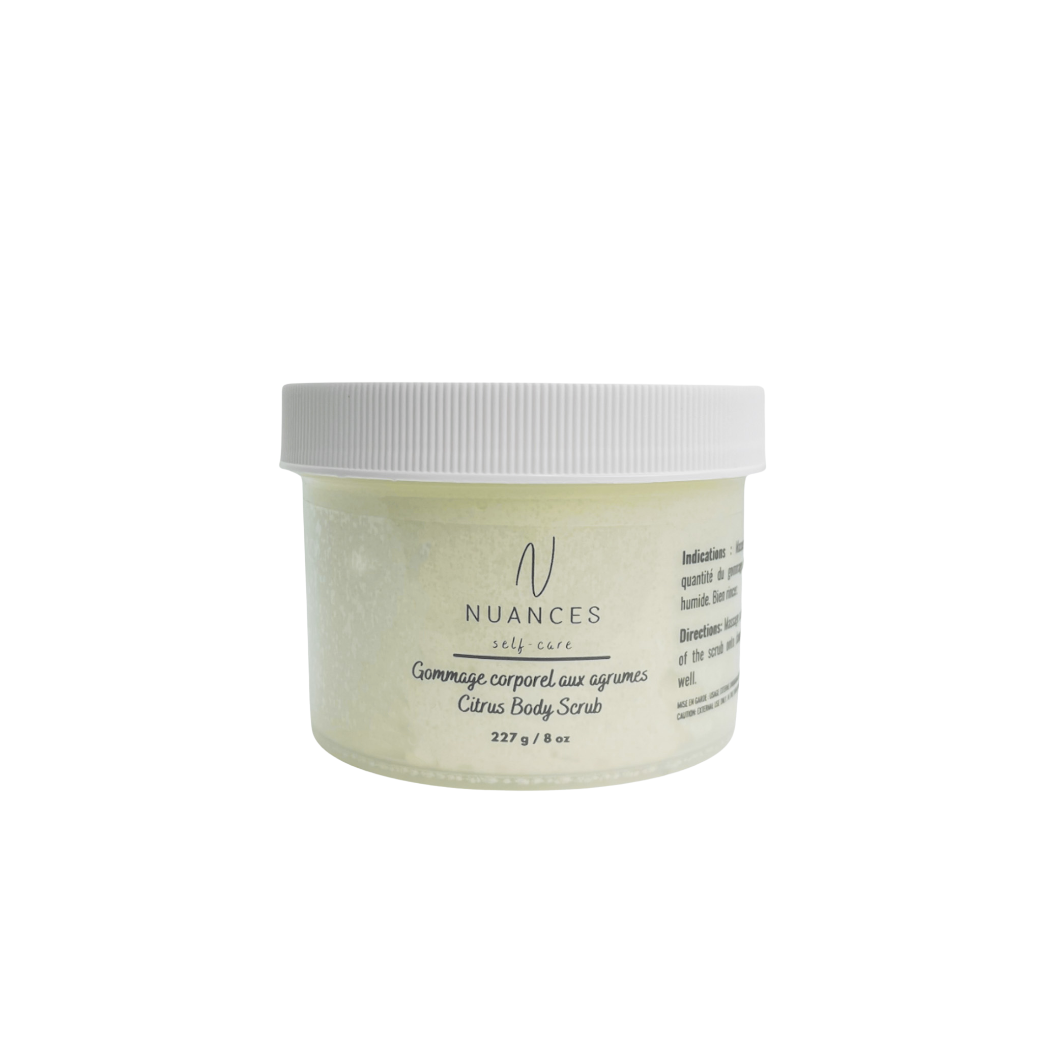 Citrus Body Scrub in a jar with a whipped texture, showcasing its natural ingredients and vibrant citrus scent.