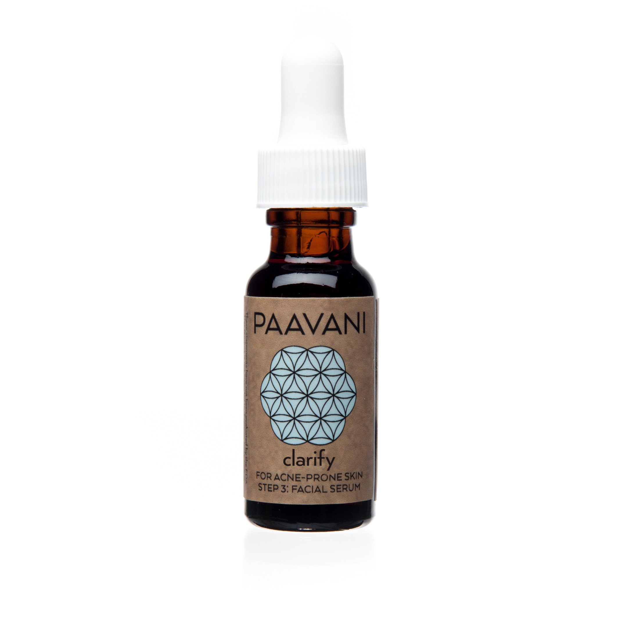 Clarify Serum in a 0.5 oz glass bottle, showcasing its organic ingredients for clear skin.