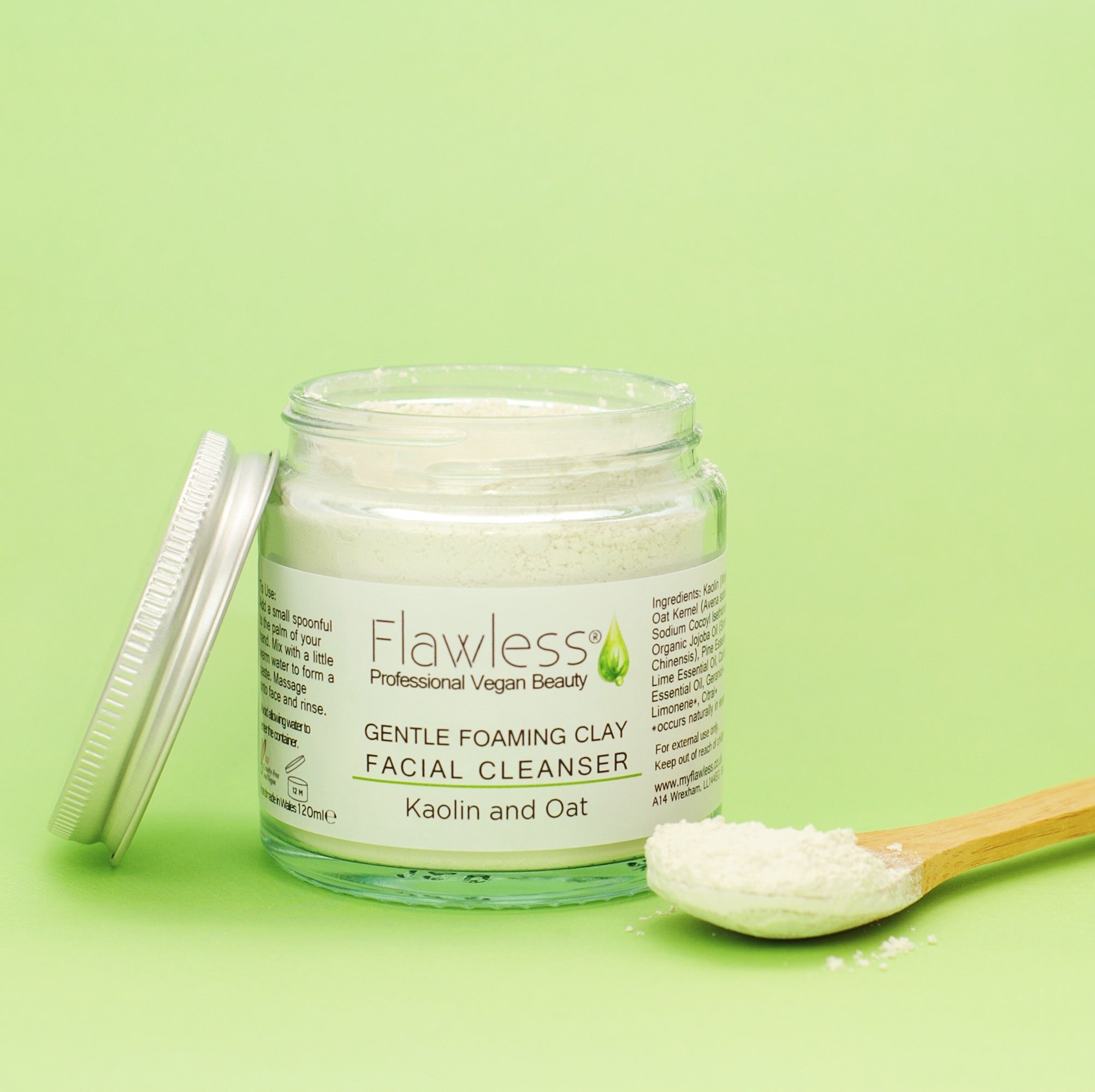 Gentle foaming clay facial cleanser in a recycled glass jar with an aluminum lid, showcasing its creamy texture and natural ingredients.