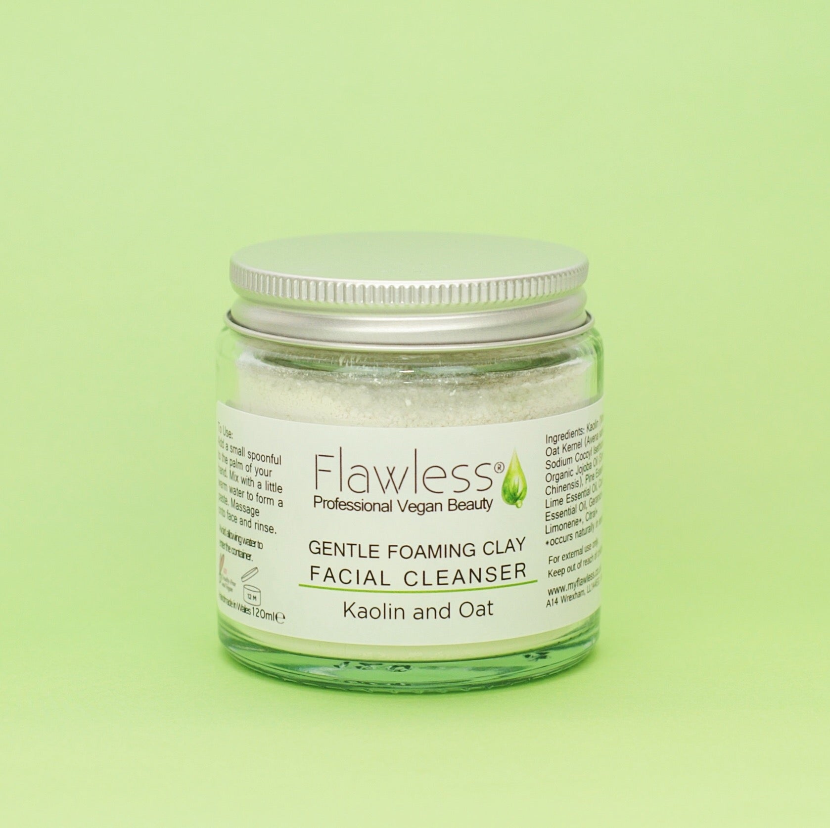 Gentle foaming clay facial cleanser in a recycled glass jar with an aluminum lid, showcasing its creamy texture and natural ingredients.