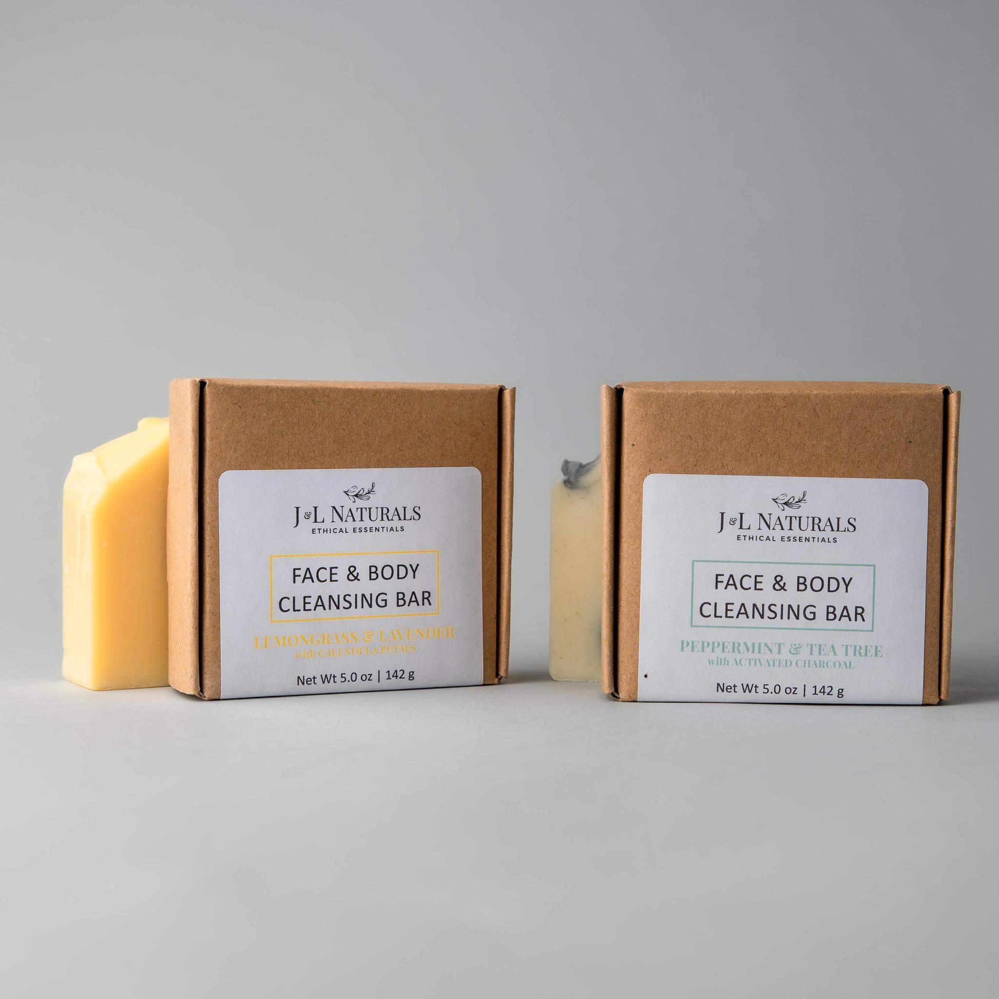 Two natural Cleansing Bars in eco-friendly packaging, showcasing their gentle and nourishing properties for all skin types.