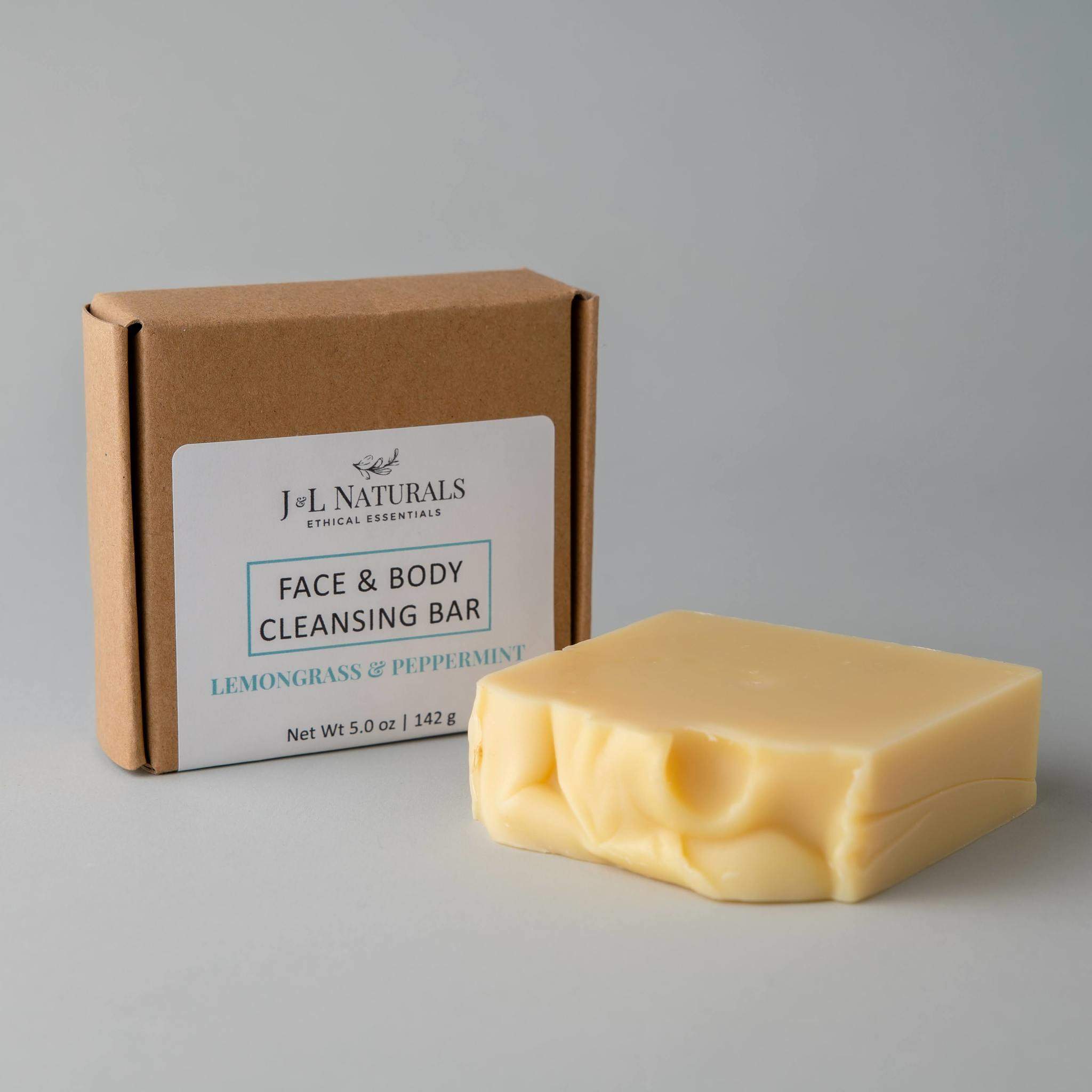 A natural Cleansing Bar displayed on a wooden surface, showcasing its smooth texture and eco-friendly packaging.