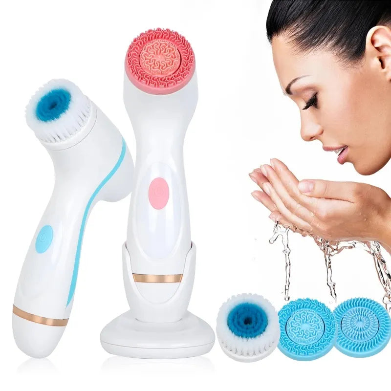 Cleansing Brush Sonic Face Rotating Cleansing Brush with three interchangeable brush heads and USB charging cable, designed for deep facial cleansing.