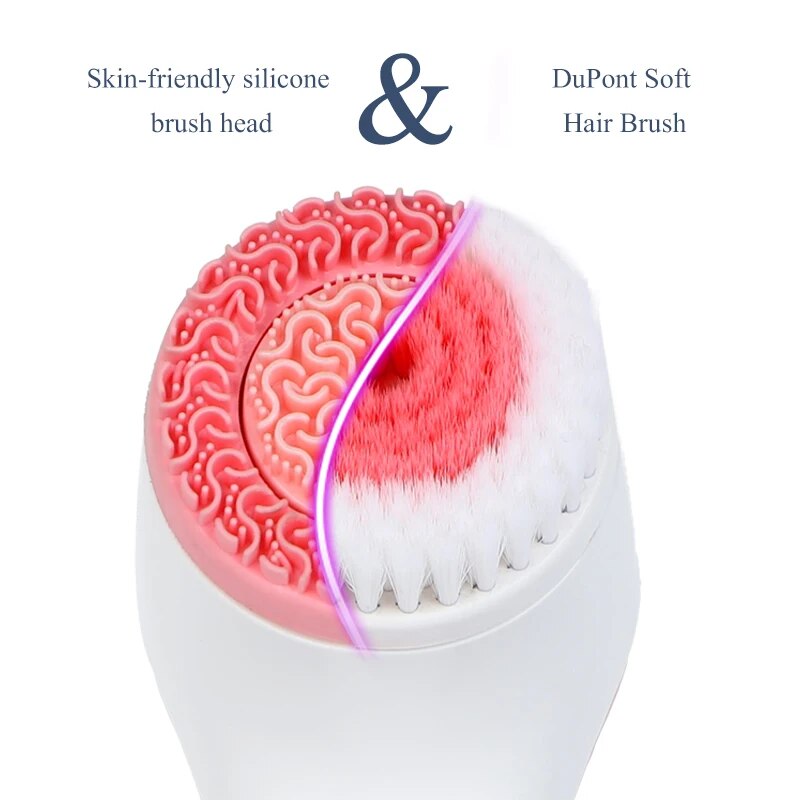 Cleansing Brush Sonic Face Rotating Cleansing Brush with three interchangeable brush heads and USB charging cable, designed for deep facial cleansing.