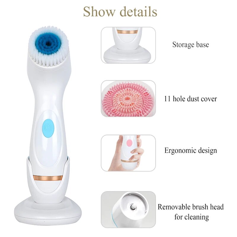 Cleansing Brush Sonic Face Rotating Cleansing Brush with three interchangeable brush heads and USB charging cable, designed for deep facial cleansing.