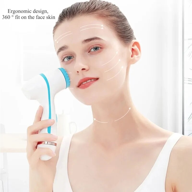 Cleansing Brush Sonic Face Rotating Cleansing Brush with three interchangeable brush heads and USB charging cable, designed for deep facial cleansing.