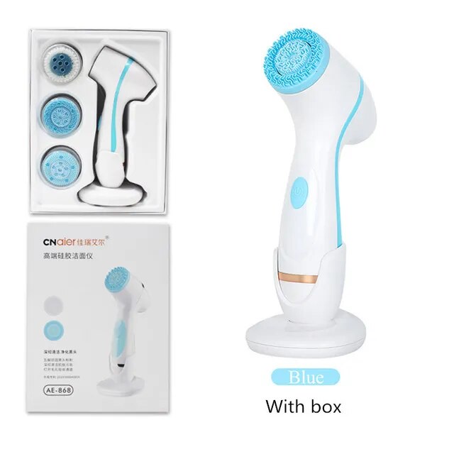 Cleansing Brush Sonic Face Rotating Cleansing Brush with three interchangeable brush heads and USB charging cable, designed for deep facial cleansing.