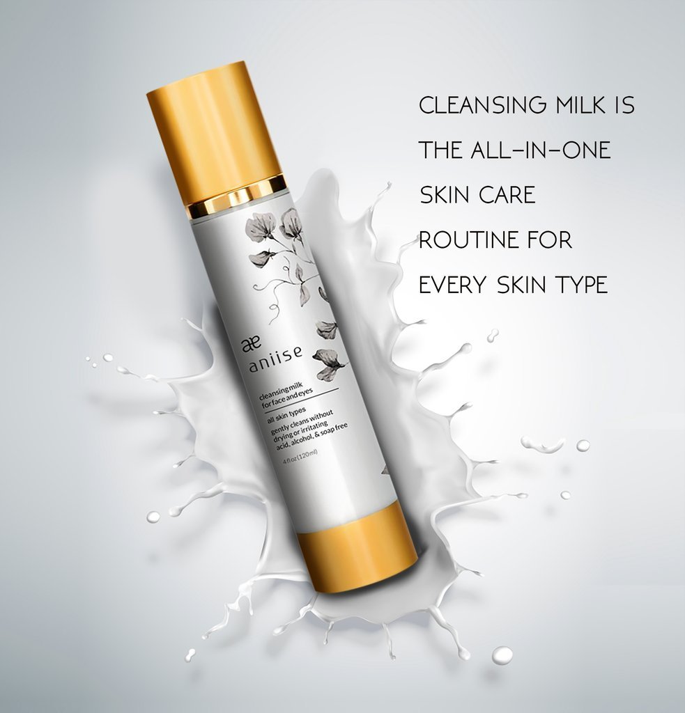 A bottle of Cleansing Milk for Face and Eyes, showcasing its gentle formula and natural ingredients, ideal for all skin types.