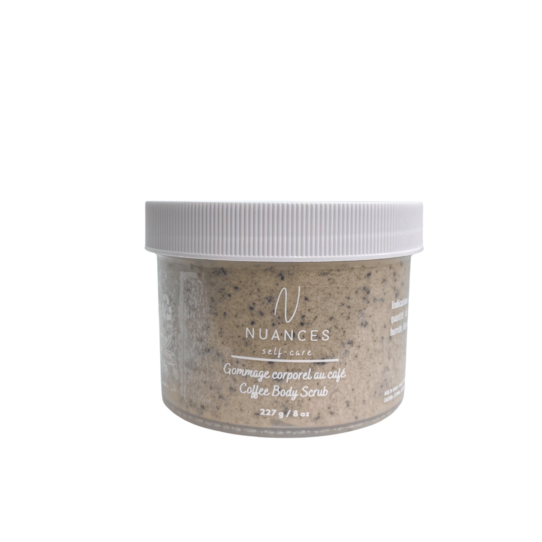 A jar of Coffee Body Scrub with a whipped texture, showcasing its rich consistency and natural ingredients, perfect for exfoliating and moisturizing skin.