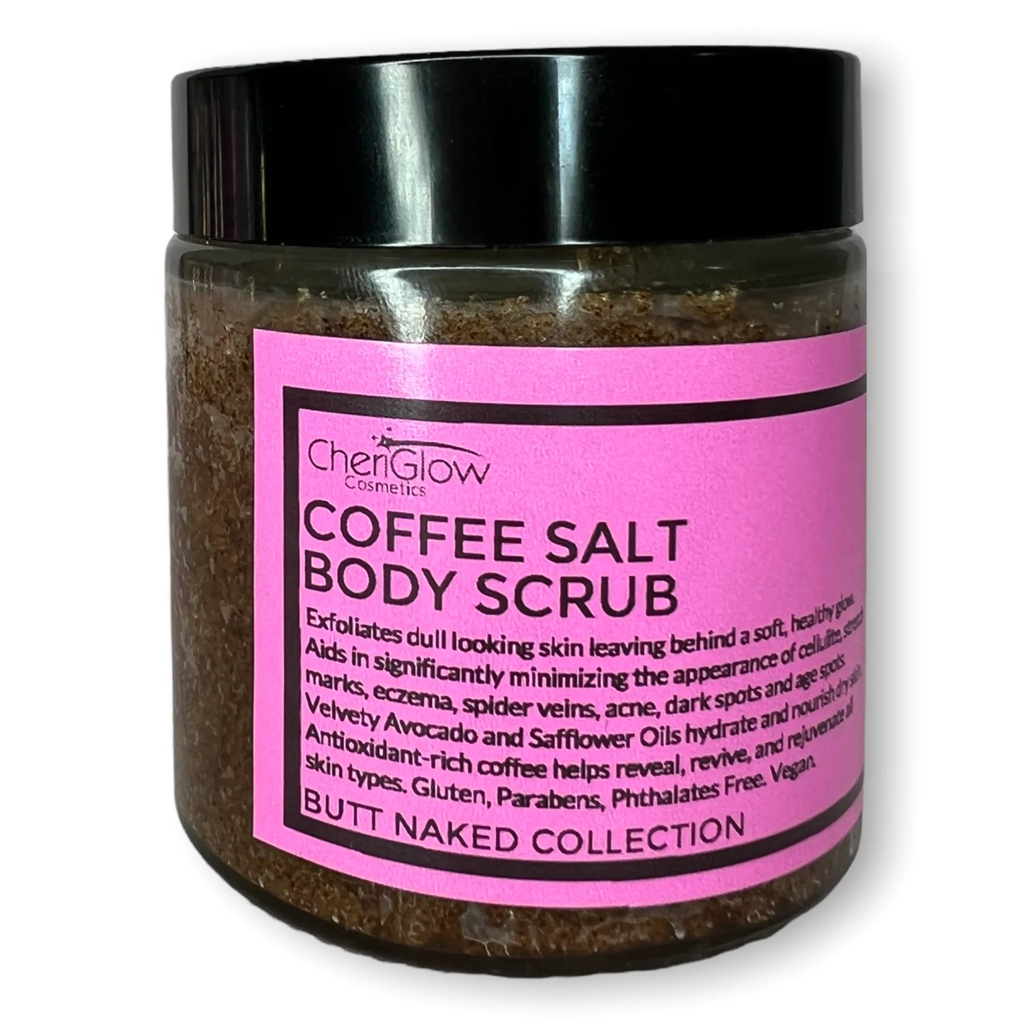 Coffee Salt Body Scrub in a clear jar, showcasing the coarse texture and rich ingredients, perfect for exfoliating and nourishing skin.