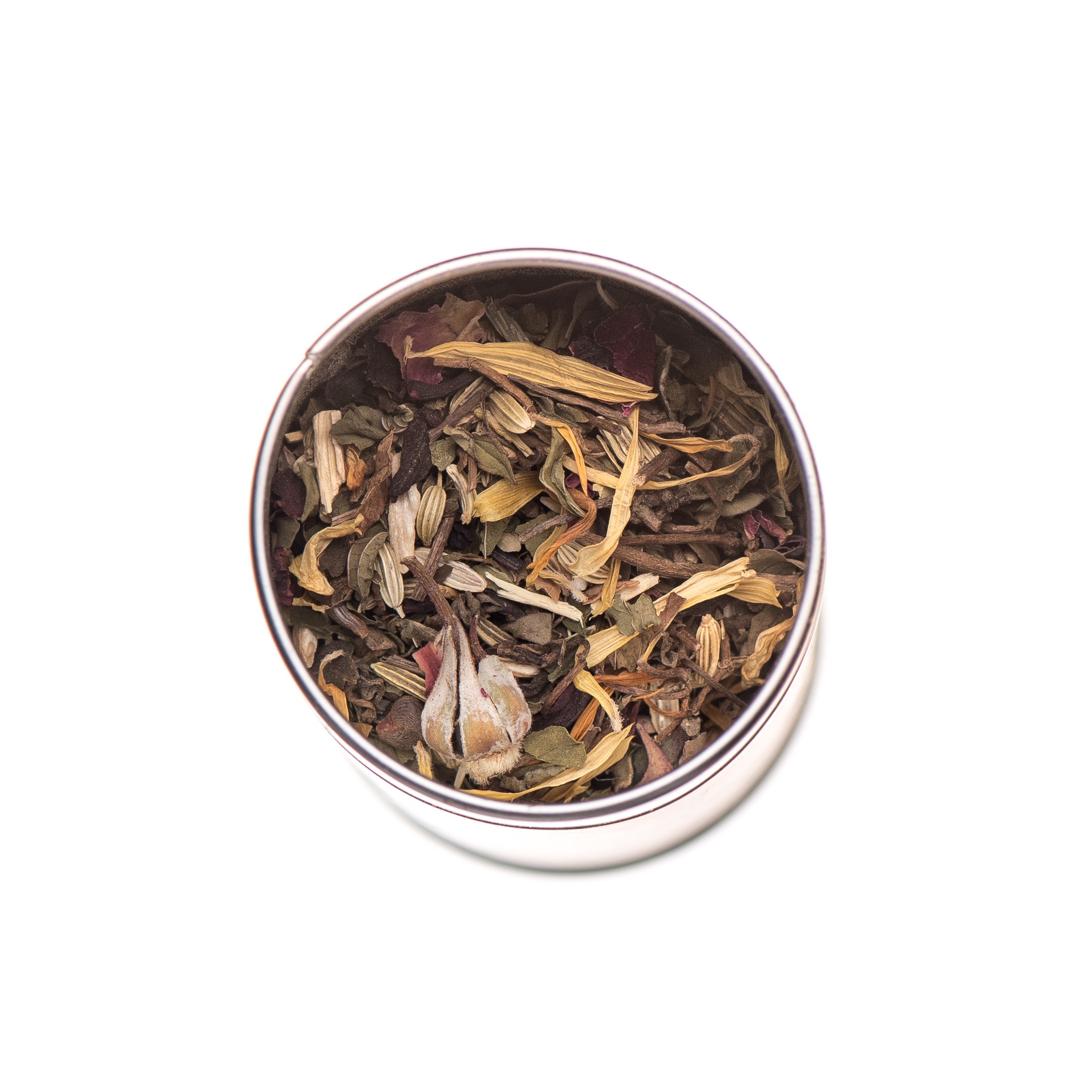 Cool & Calm Blend Tea in an 8 oz metal canister, featuring vibrant herbs like Brahmi, Hibiscus, and Peppermint.