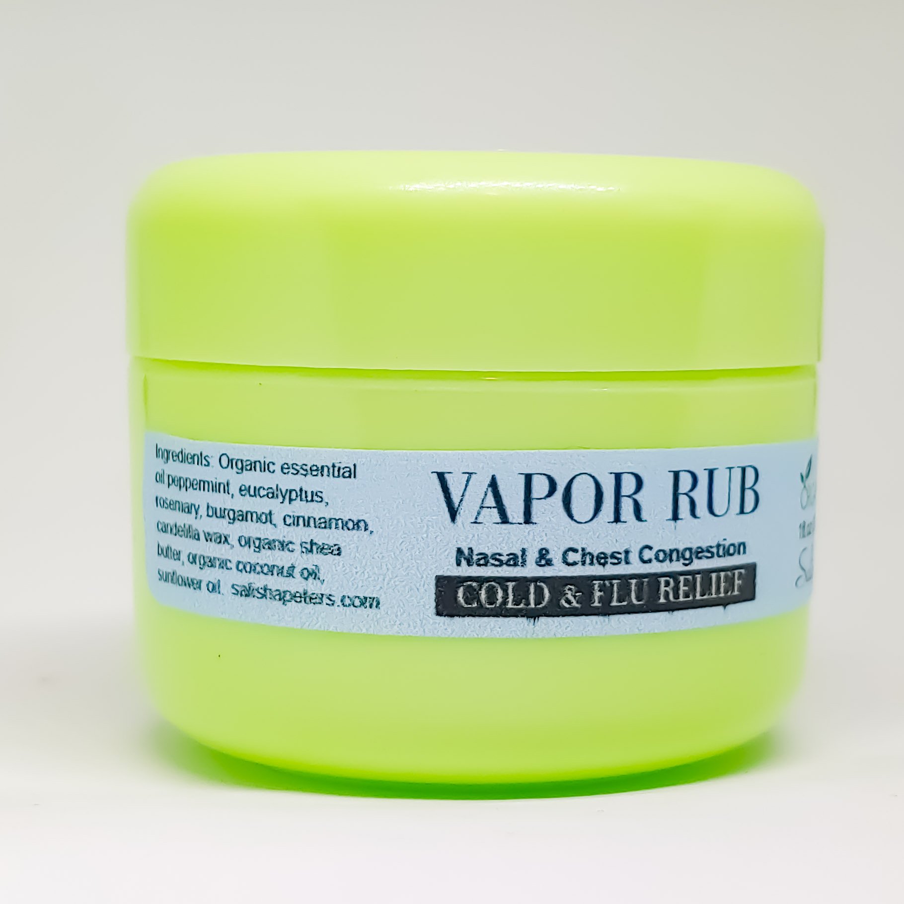 A jar of Cooling Mint Vapor Rub with a refreshing minty aroma, showcasing its natural ingredients and eco-friendly packaging.