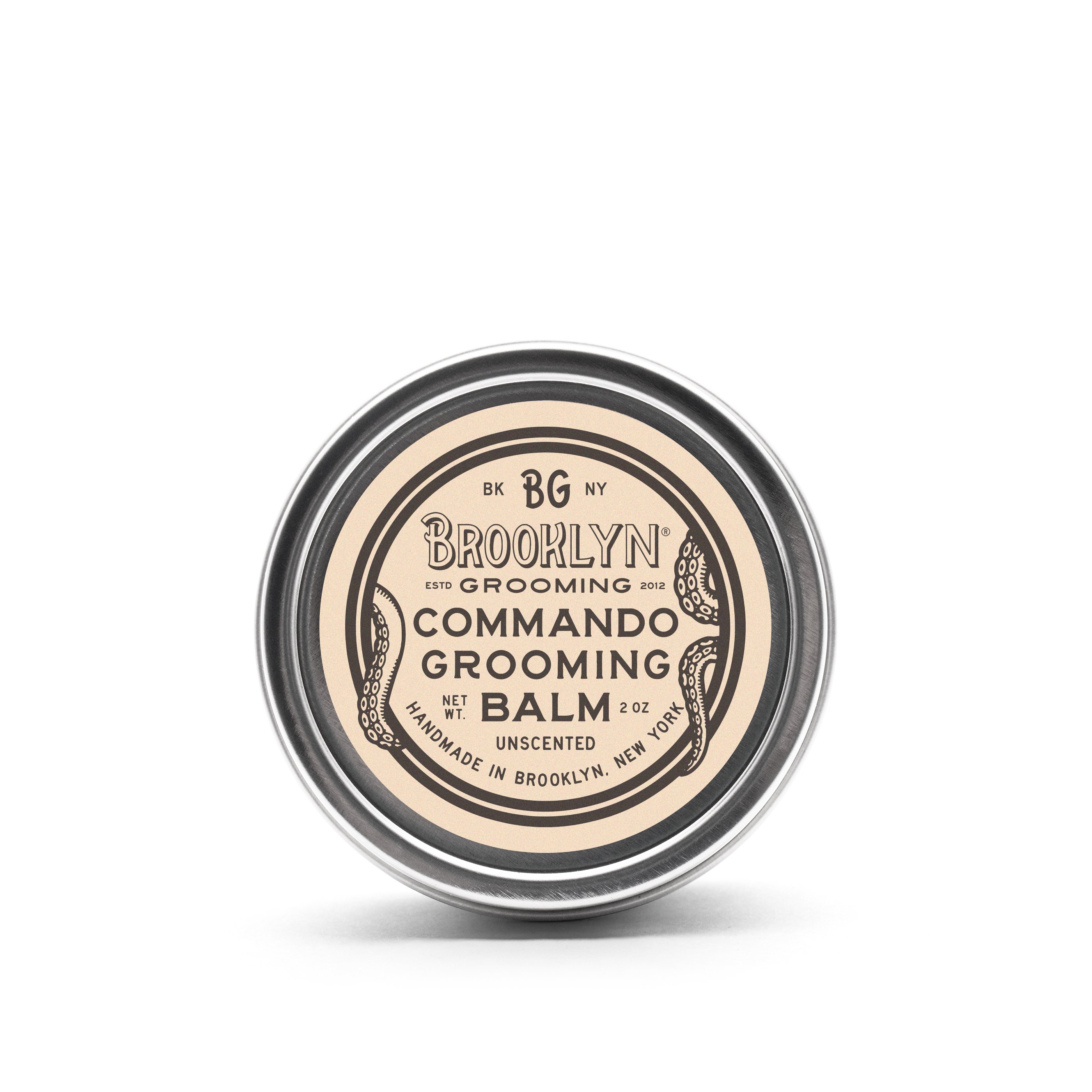 Commando Grooming Balm in a sleek aluminum tin, showcasing its natural ingredients and unisex appeal.