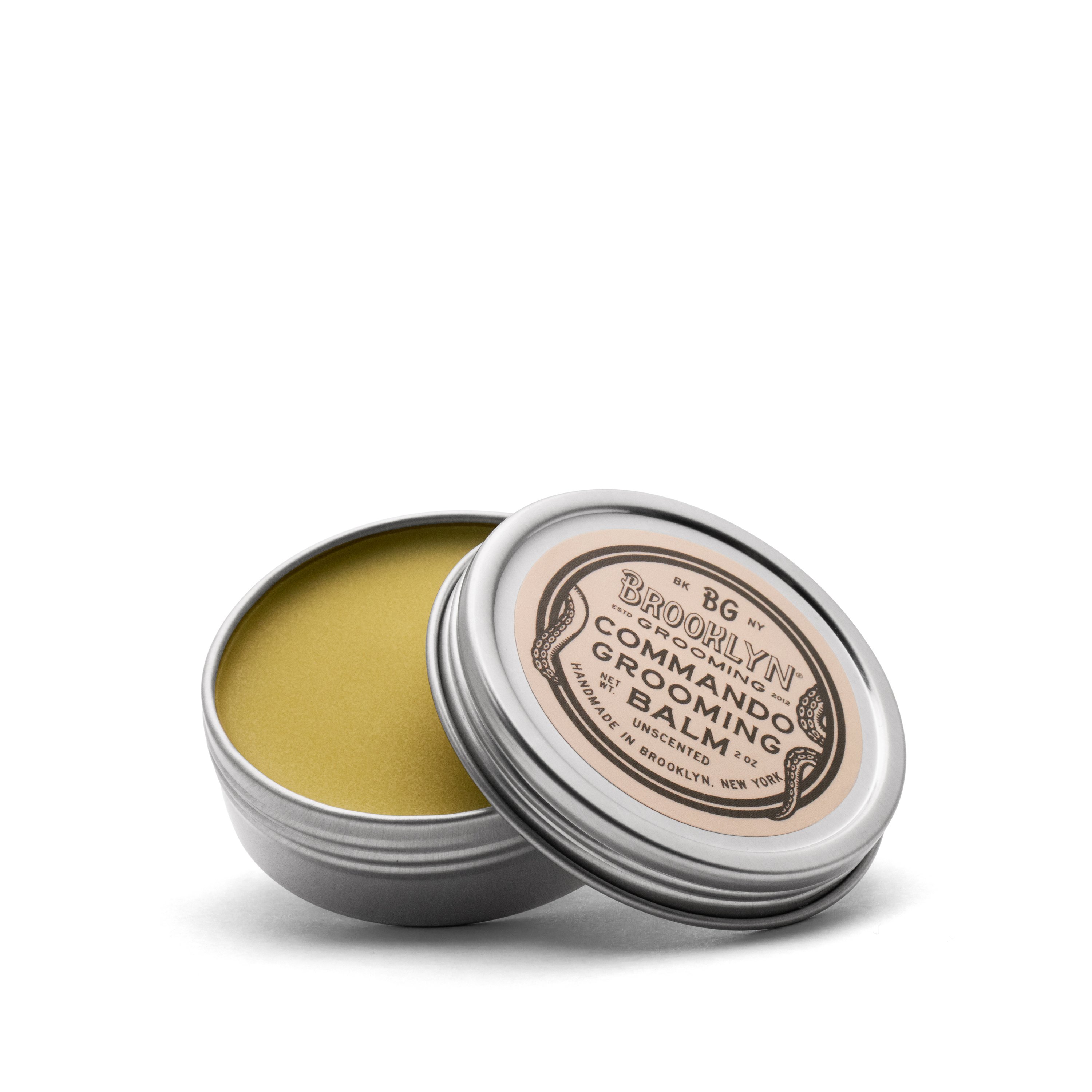 Commando Grooming Balm in a sleek aluminum tin, showcasing its natural ingredients and unisex appeal.