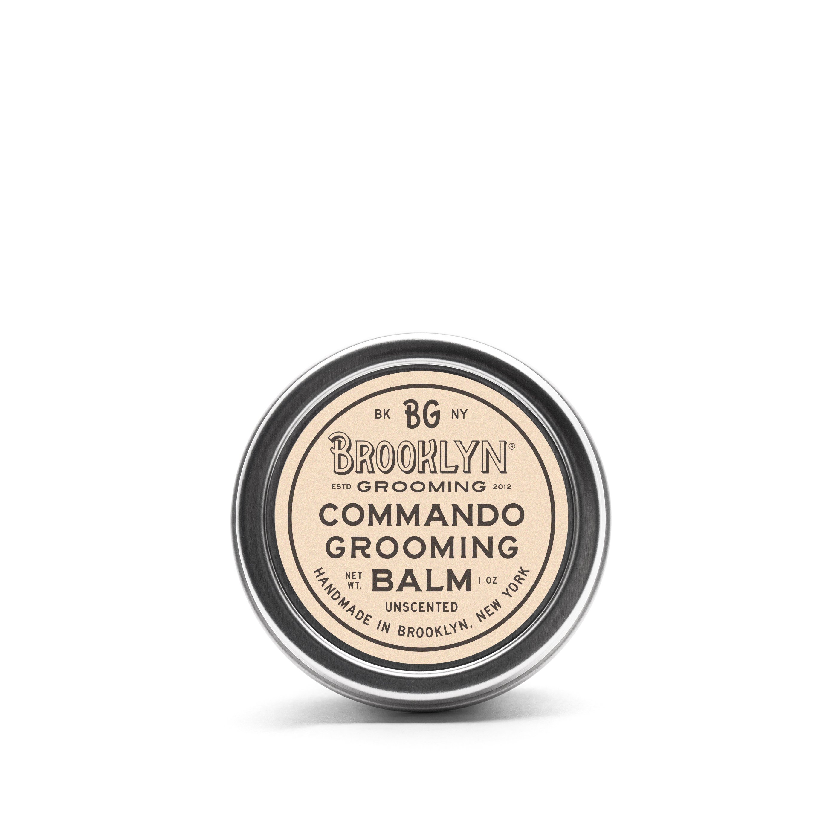 Commando Grooming Balm in a sleek aluminum tin, showcasing its natural ingredients and unisex appeal.